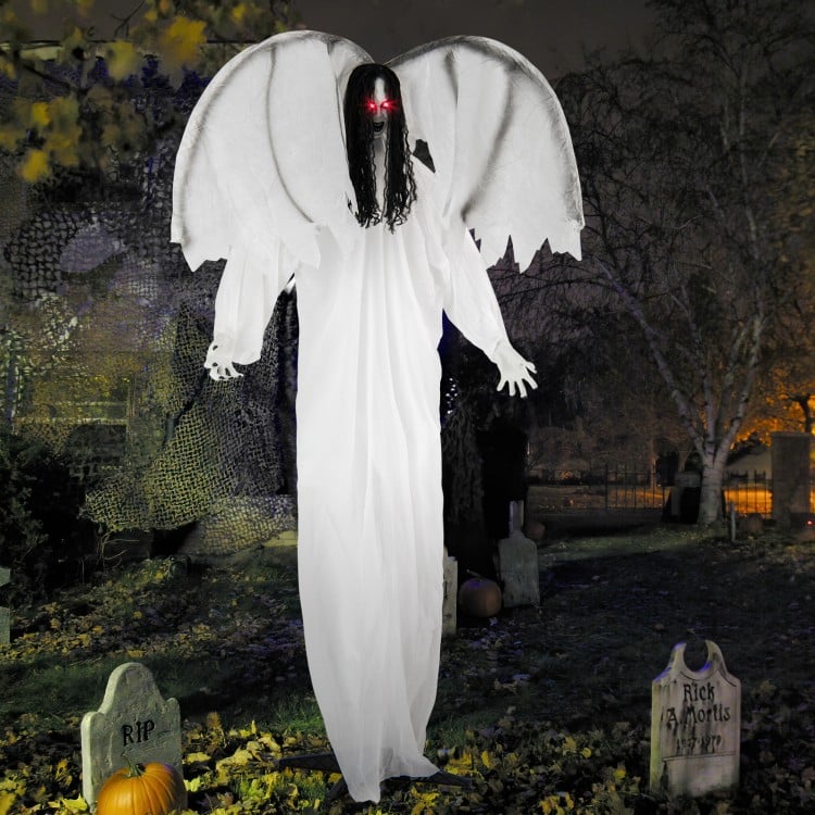 6.6 Feet Halloween Animatronic Standing Angel with Sound-Activated Light-up Eyes and Flapping Wings