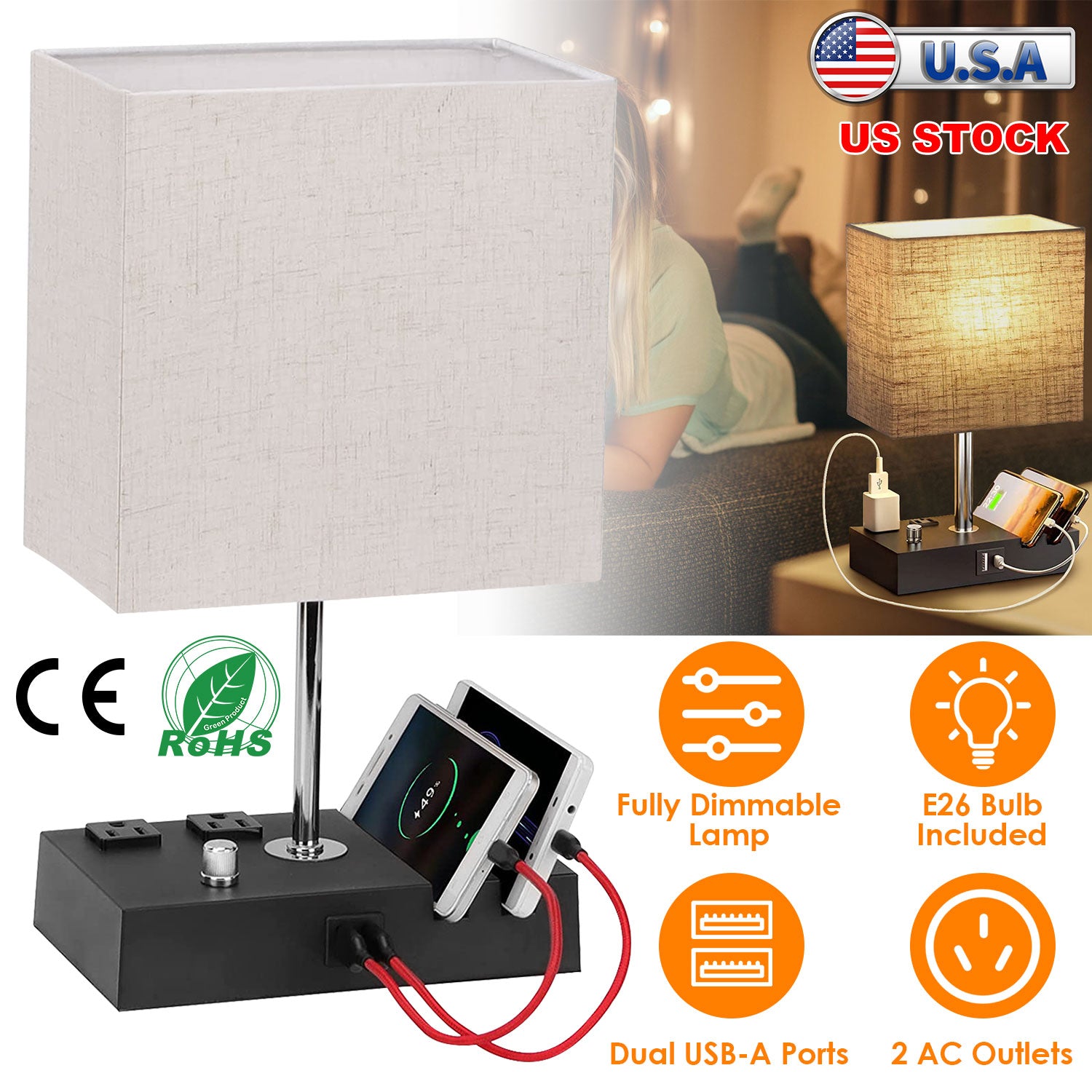 Fully Dimmable Table Lamp for Bedroom Living Room Bedside Lamp for Nightstand Dual USB Ports 2 Power Outlets LED Bulb Included