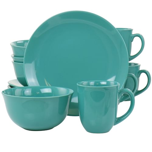 Gibson Home Mercer 12 Piece Round Stoneware Dinnerware Set in Teal Green - Free Shipping