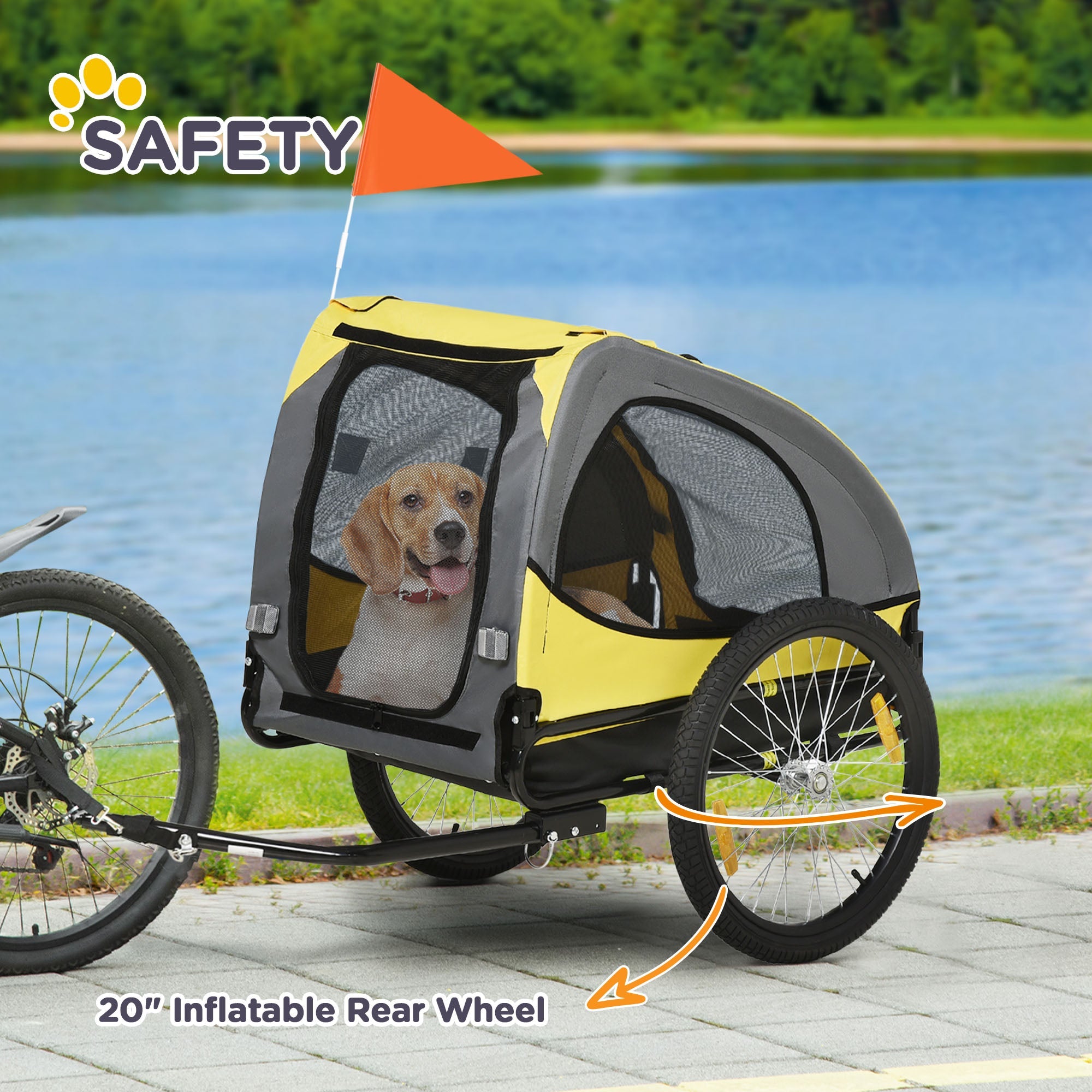 Aosom Medium Dog Bike Trailer with Hitch Coupler Quick Release Wheels Reflectors Flag Yellow