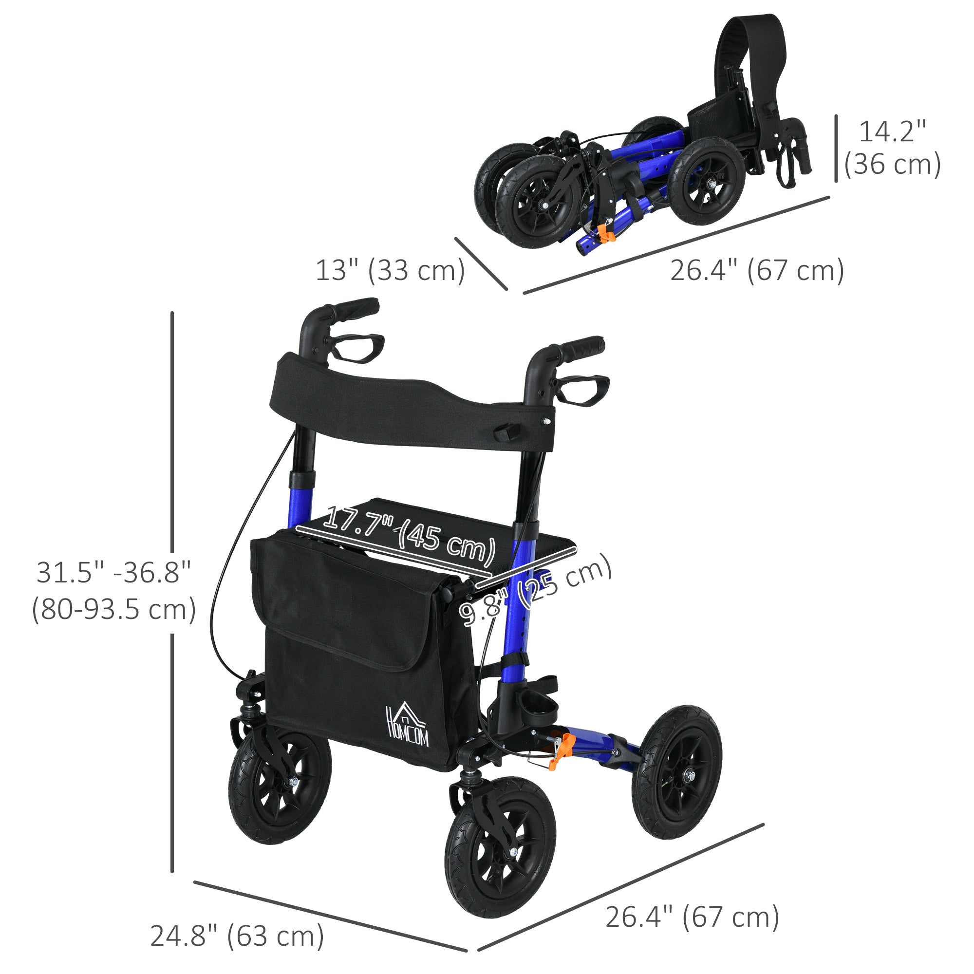 HOMCOM Advanced Rollator Walker for Seniors Seat & Rubber Wheels Lightweight Aluminum Adjustable Handle & Storage Bag Blue