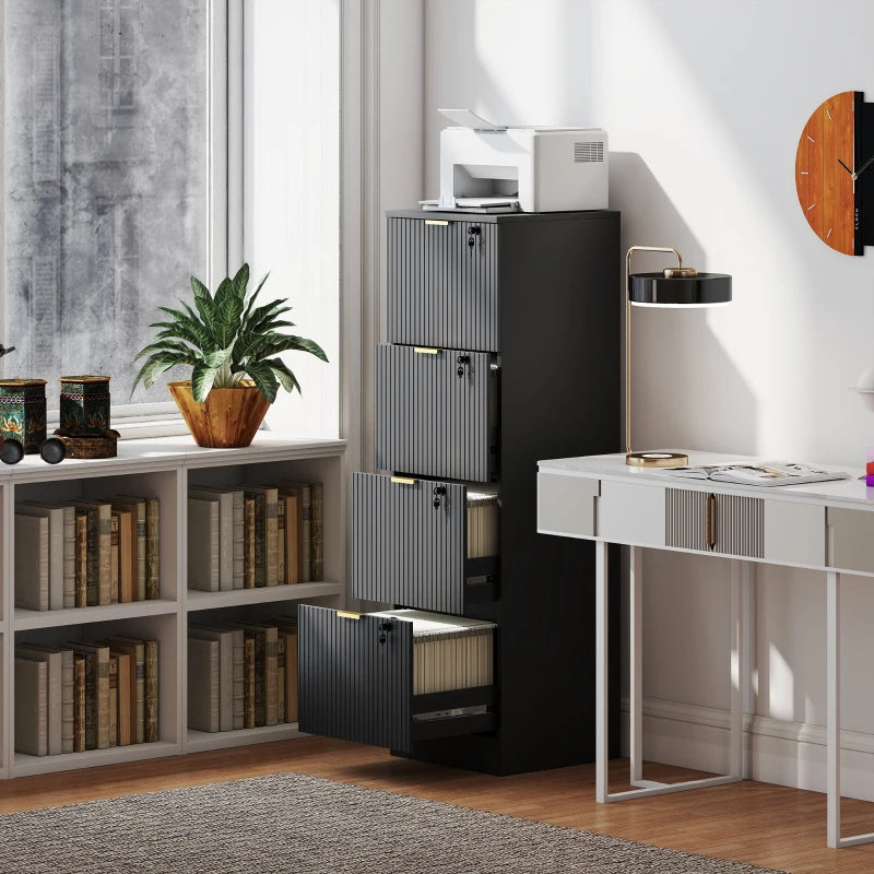 Lockable Filing Cabinet with 4 Fluted Drawers, File Cabinet with Adjustable Hanging Rails for A4 Letter Files, Black
