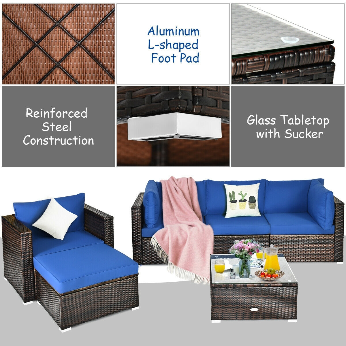 6 Pieces Patio Rattan Furniture Set with Sectional Cushion-BlueÂ