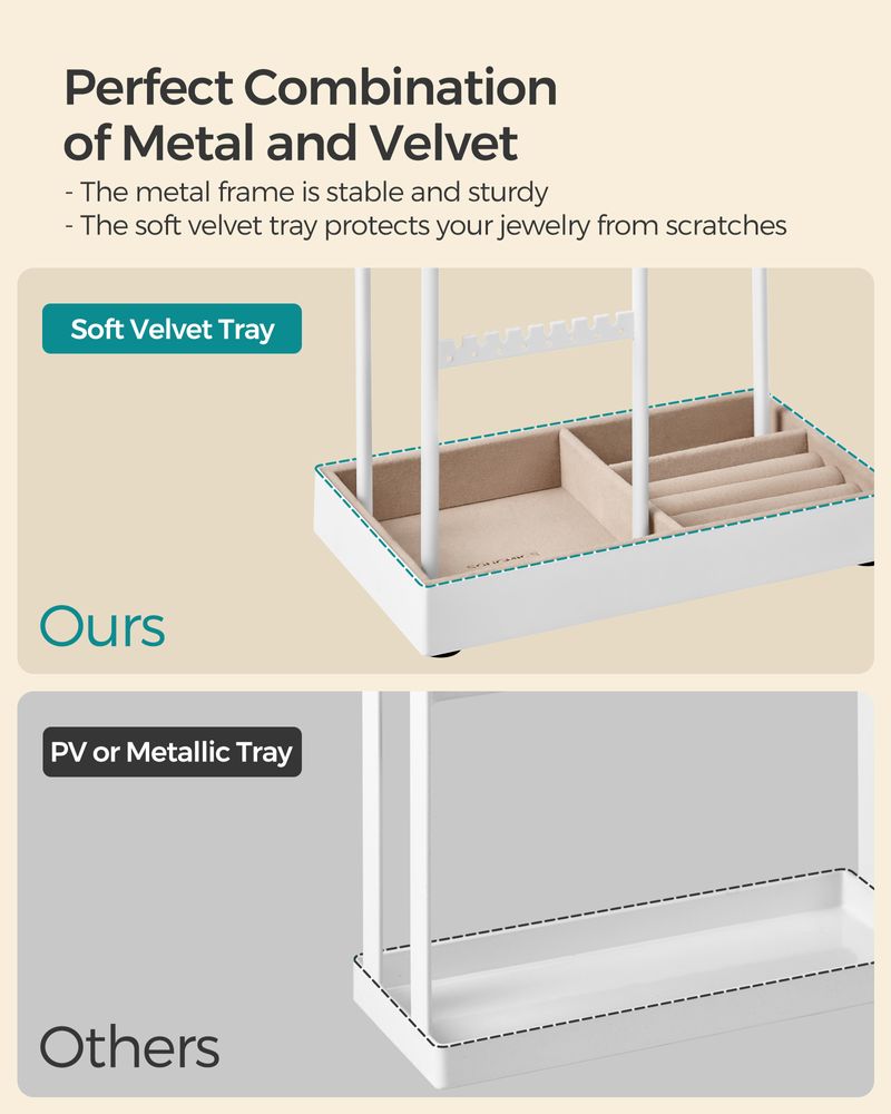 SONGMICS Jewelry Holder with Metal Frame and Velvet Tray