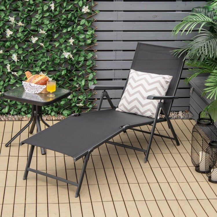 2 Pieces Foldable Chaise Lounge Chair with 2-Position Footrest-Gray
