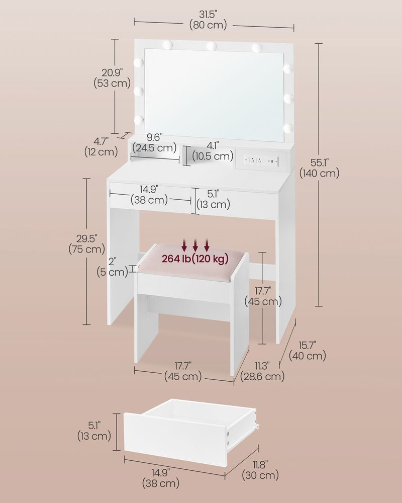 VASAGLE Vanity Desk with Mirror and Lights