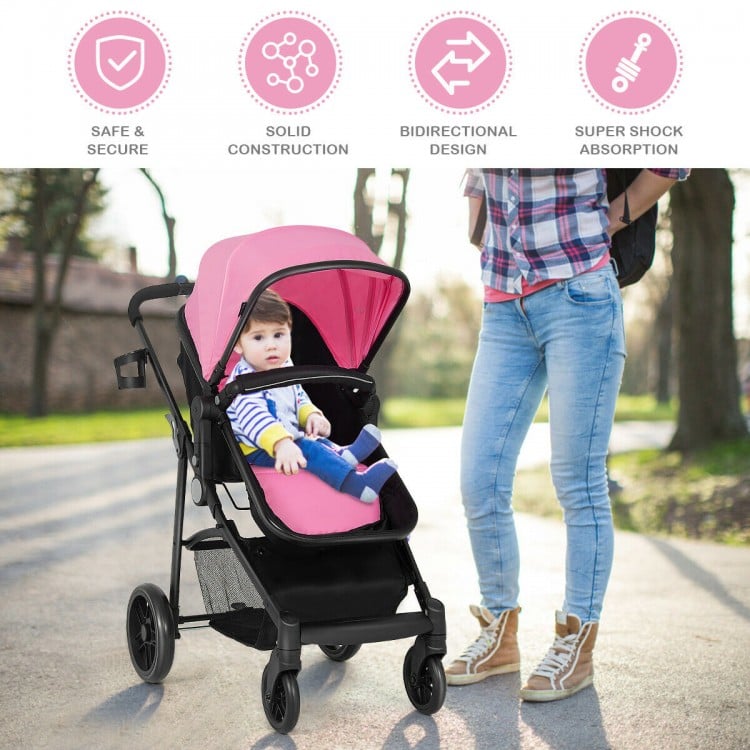 2 in 1 Foldable Pushchair Newborn Infant Baby Stroller-Pink