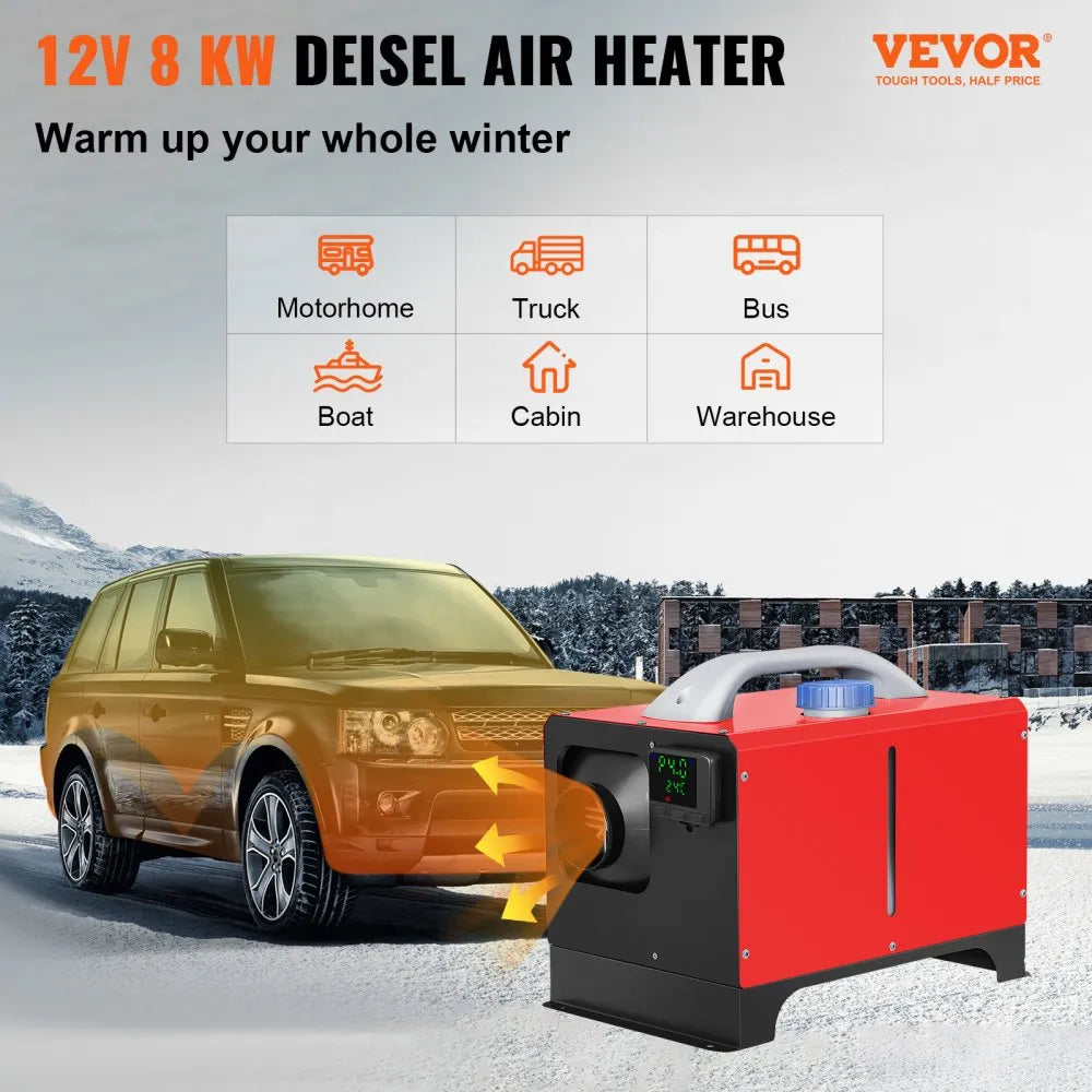 VEVOR Diesel Air Heater 8KW Parking Heater 12V Truck Heater, One Air Outlet, with Black LCD Switch, Remote Control, Fast Heating Compact Diesel Heater, For Car, RV Truck, Boat, Campervans, Caravans