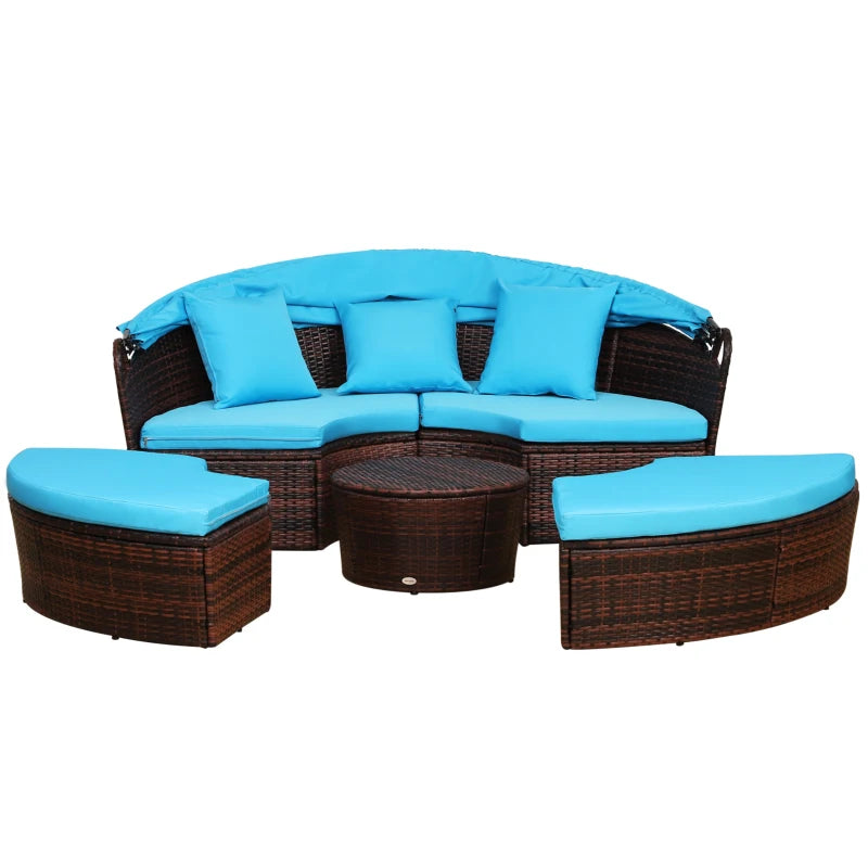 Outsunny 4 Pieces Outdoor Daybed with Retractable Canopy, PE Rattan Wicker Round Sofa Day Bed, Patio Sectional Conversation Furniture Set with Cushions and Pillows, Light Blue