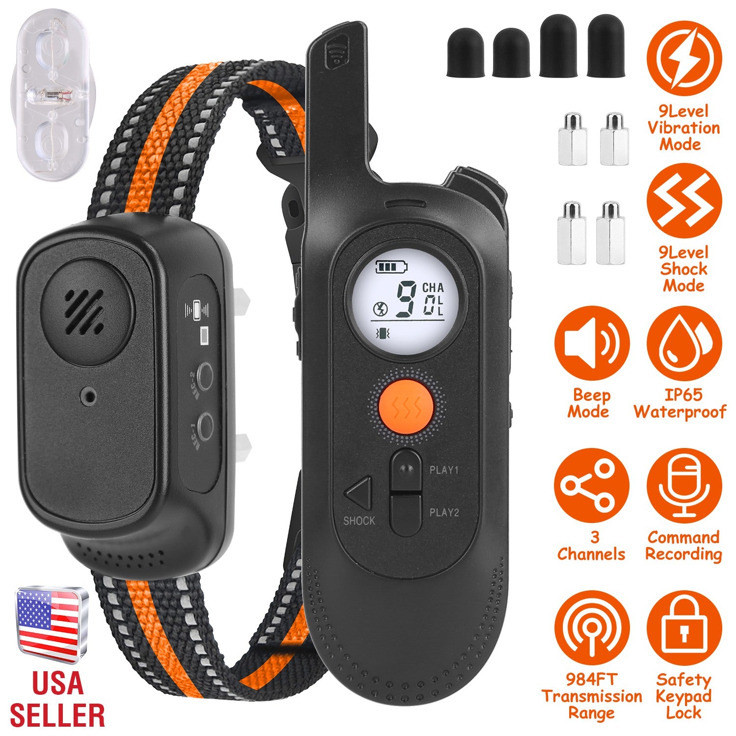 984FT Dog Training Collar IP65 Waterproof Pet Beep Vibration Electric Shock Collar 3 Channels Rechargeable Transmitter Receiver Trainer with Recording