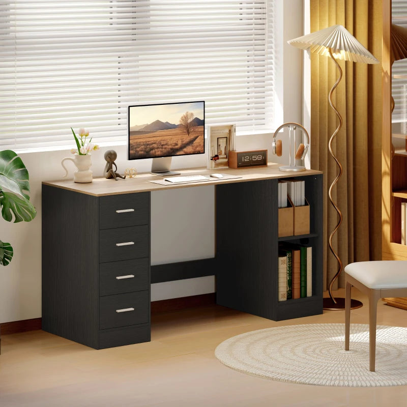 Office Desk, 55" Computer Desk with 4 Reversible Drawers, Mobile PC Stand, Adjustable Shelf, Black Wood Grain