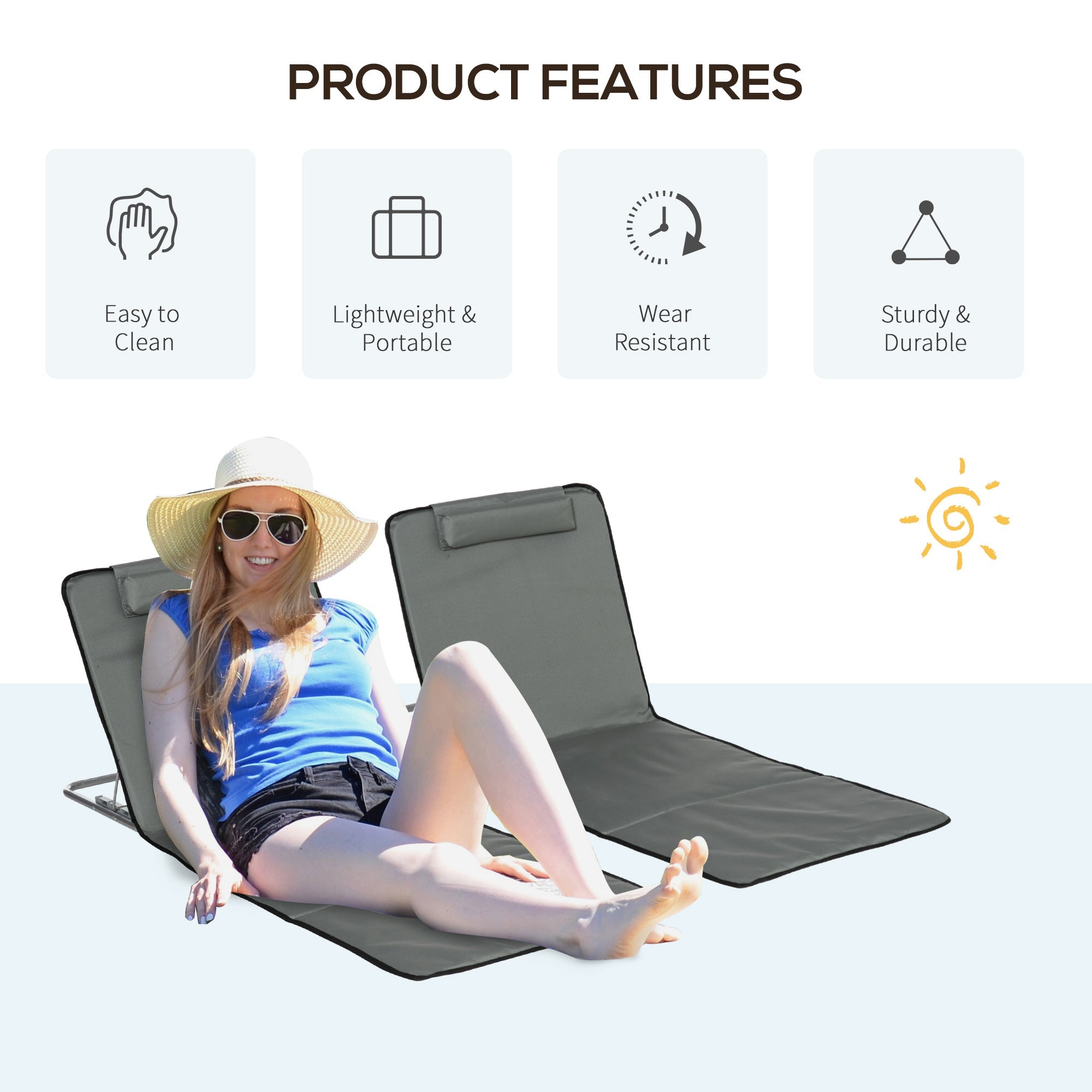 Outsunny Sun Lounger Beach Mat Set of 2 Folding Grey Adjustable Back Steel Frame Head Pillow Carry Bag