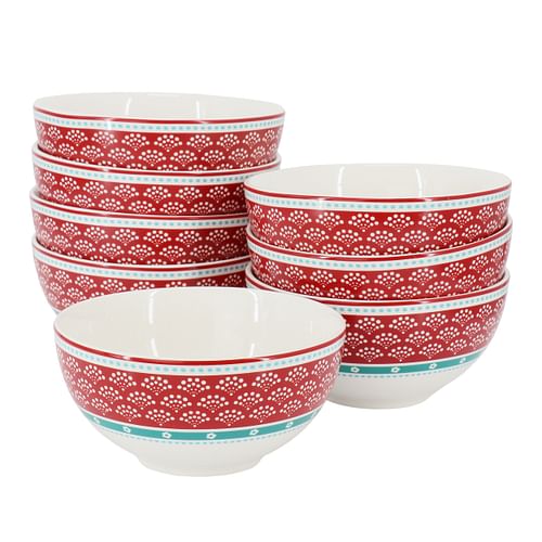 Gibson Home Village Vines Floral 8 Piece 6 Inch Fine Ceramic Bowl Set in White and Multi Red - Free Shipping