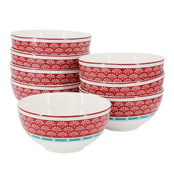 Gibson Home Village Vines Floral 8 Piece 6 Inch Fine Ceramic Bowl Set in White and Multi Red - Free Shipping