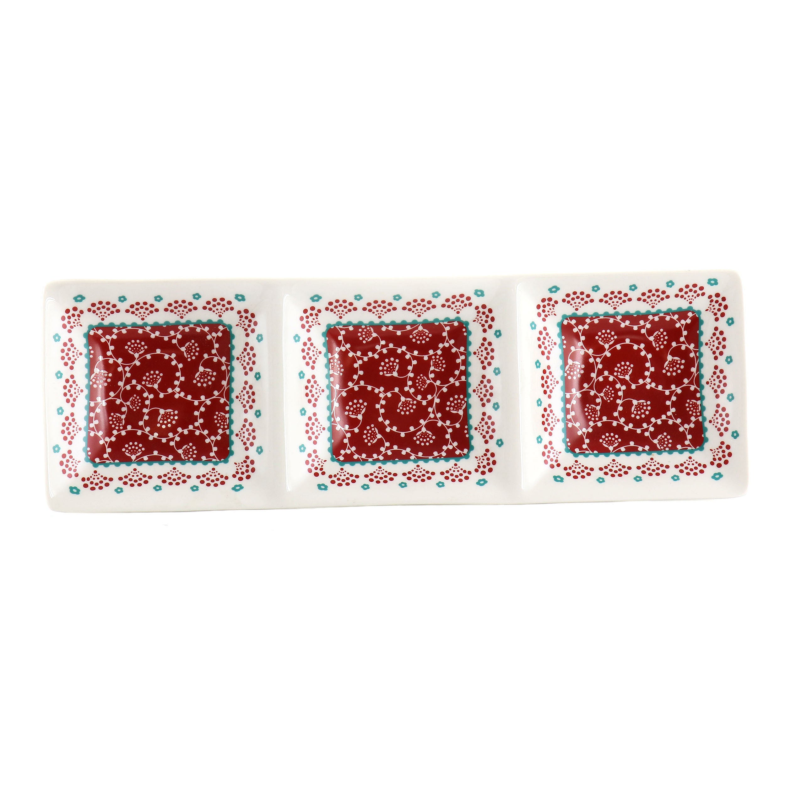 Gibson Home Village Vines 13.5 Inch Ceramic Rectangular 3 Section Tray in Red - Free Shipping