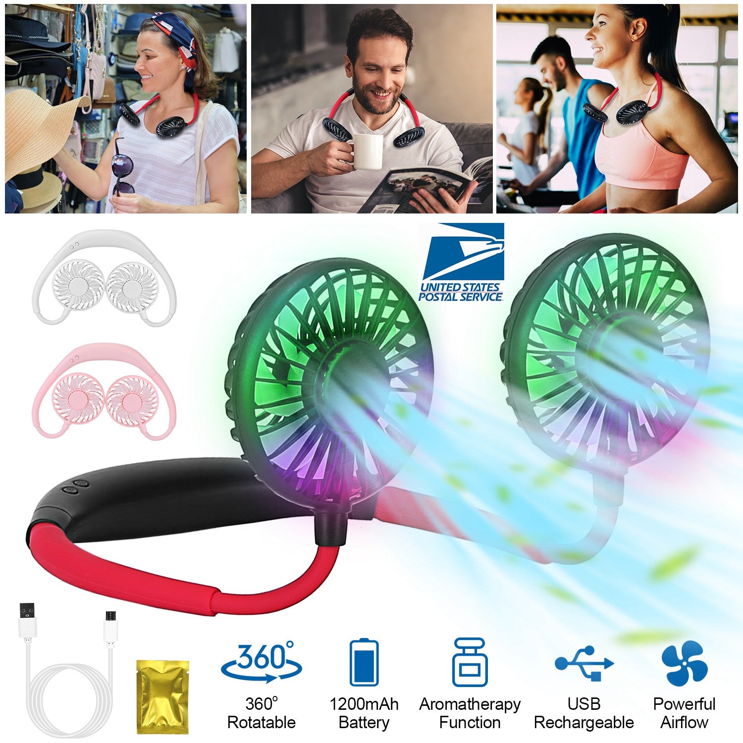 Neck Hanging Fan Hand Free Portable Aromatherapy USB Fans 360°Rotatable Rechargeable Dual Cooling Fans w/Color Changing Led