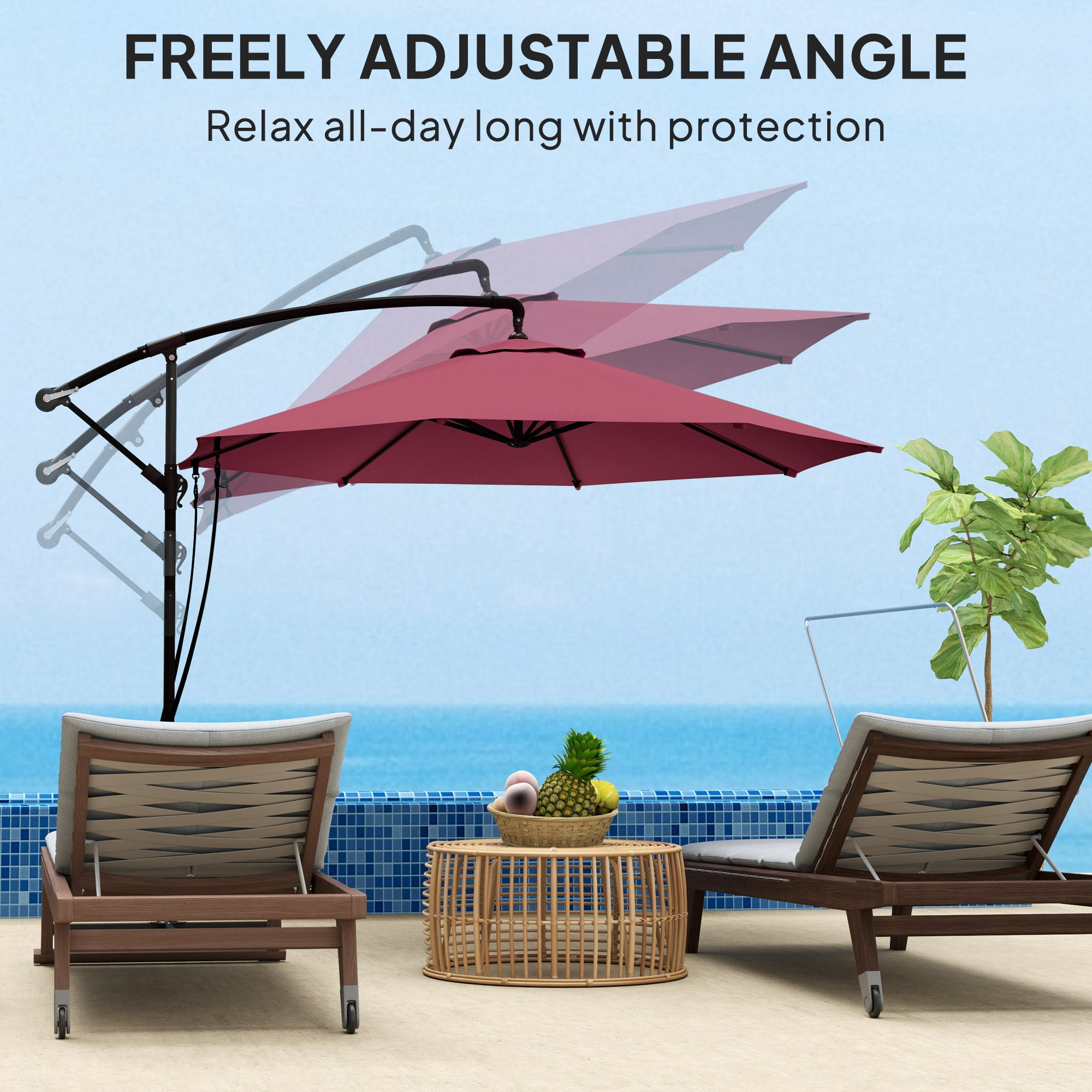 Outsunny 9.5' Cantilever Umbrella with Wind Protection Strap and Cover, Hanging Umbrella with Crank and Cross Base, UPF 50+, Red