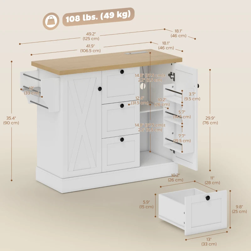 Farmhouse Kitchen Island Cart with Power Outlet and Soft-Close Doors, 49" Kitchen Island with 3 Drawers, White