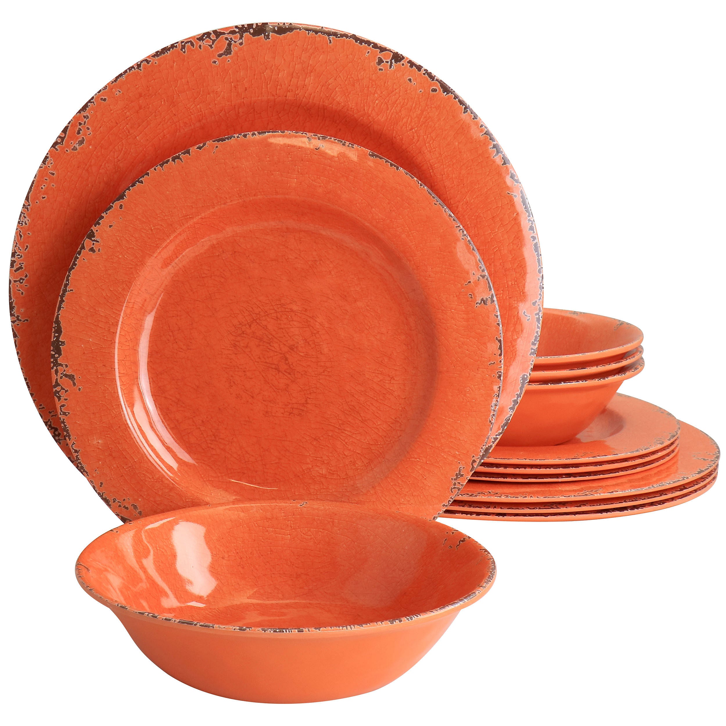 Laurie Gates California Designs Mauna 12 Piece Melamine Dinnerware Set in Crackle Orange - Free Shipping
