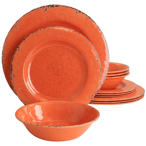 Laurie Gates California Designs Mauna 12 Piece Melamine Dinnerware Set in Crackle Orange - Free Shipping