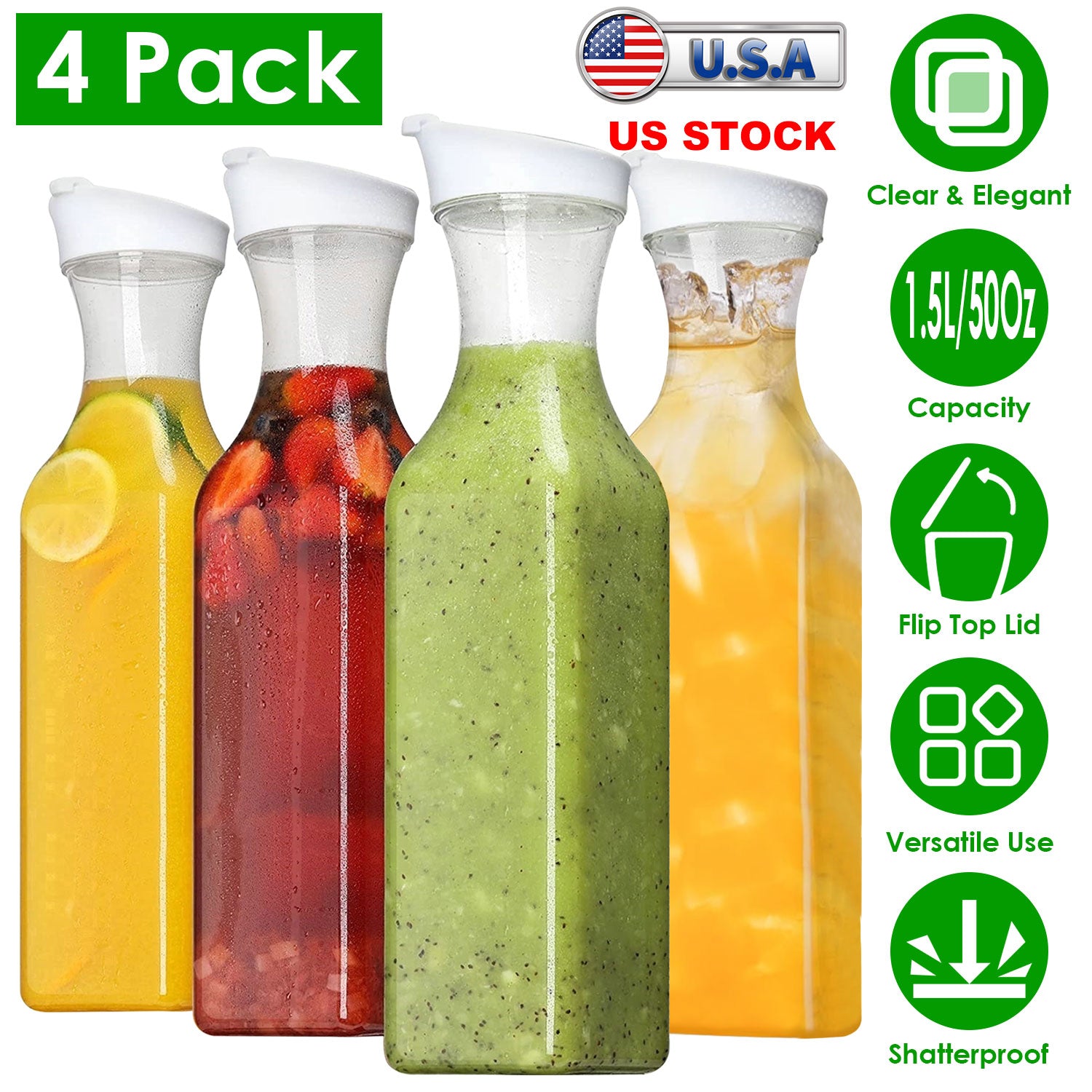 4 Pack 50Oz Water Carafes with Flip Top Lids Square Juice Containers for Fridge Plastic Clear Pitchers for Water Iced Tea Juice Lemonade Milk Cold Bre