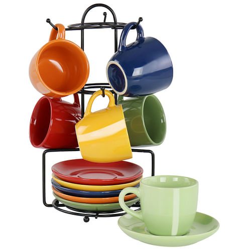 Gibson Home Color Cafe 13 Piece Espresso Mug and Saucer Set with Metal Rack in Assorted Colors - Free Shipping