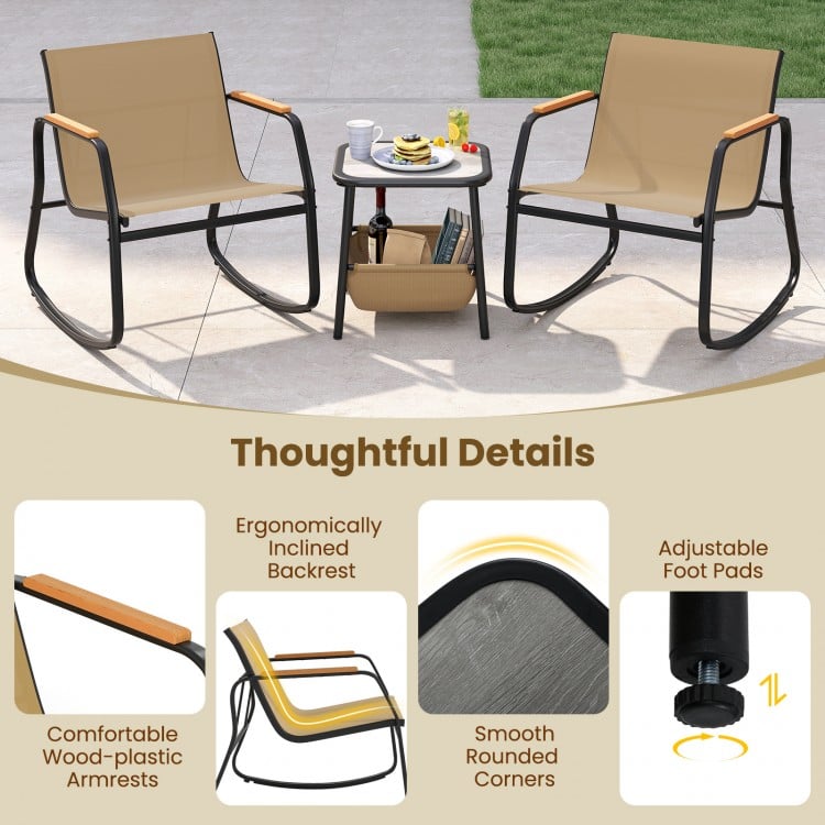 3 Piece Rocking Bistro Chairs and Side Table Set with Storage Bag-Brown