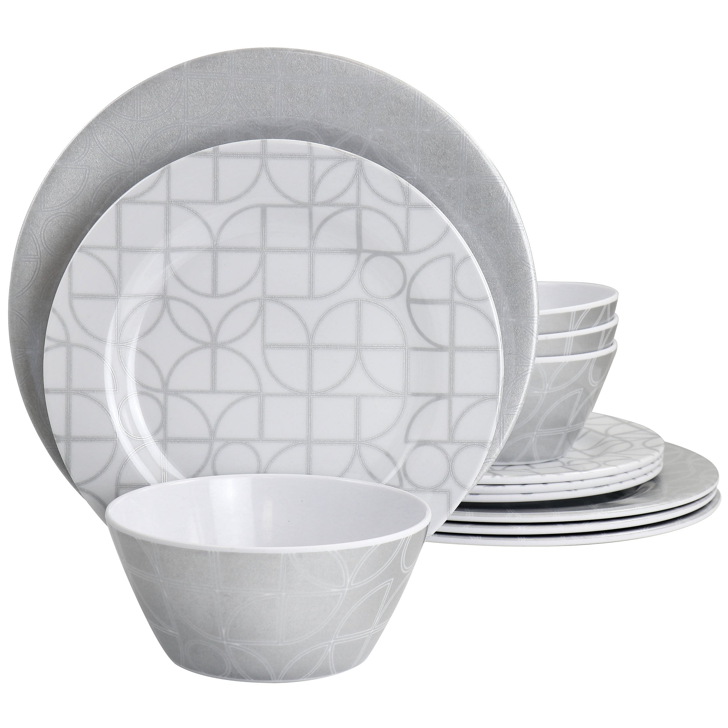 Laurie Gates California Designs Summer Bloom 12 Piece Melamine Dinnerware Set in Silver - Free Shipping