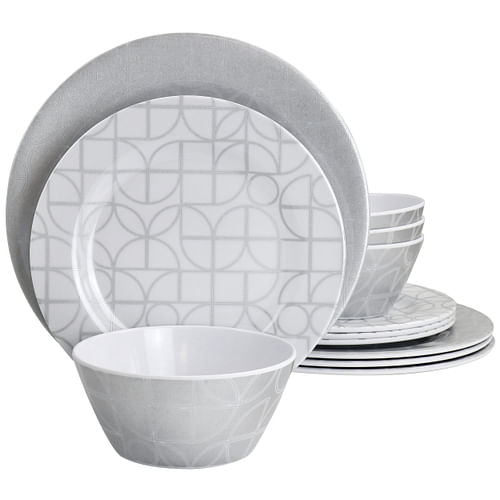 Laurie Gates California Designs Summer Bloom 12 Piece Melamine Dinnerware Set in Silver - Free Shipping