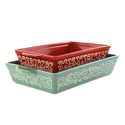 Laurie Gates 2 Piece Tierra Wax Relief Stoneware Baker Set in Red and Mint - Free Shipping