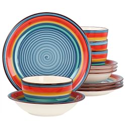 Gibson Home Rainbow 12 Piece Stoneware Dinnerware Set in Blue Multi - Free Shipping