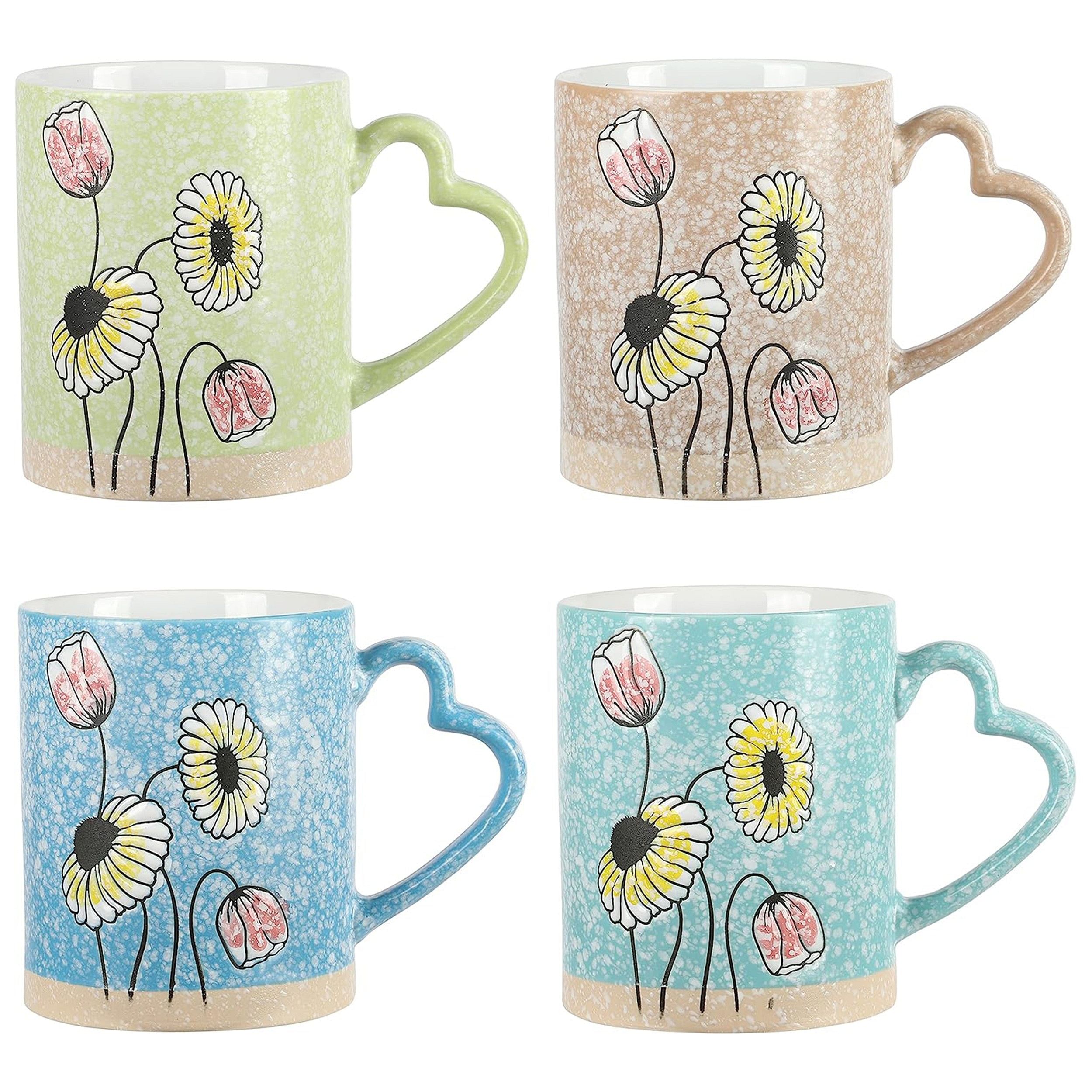 Gibson Home Sunbloom 4 Piece 15 Ounce Flower Wax Relief Design Mug Set with Heart Shaped Handles - Free Shipping