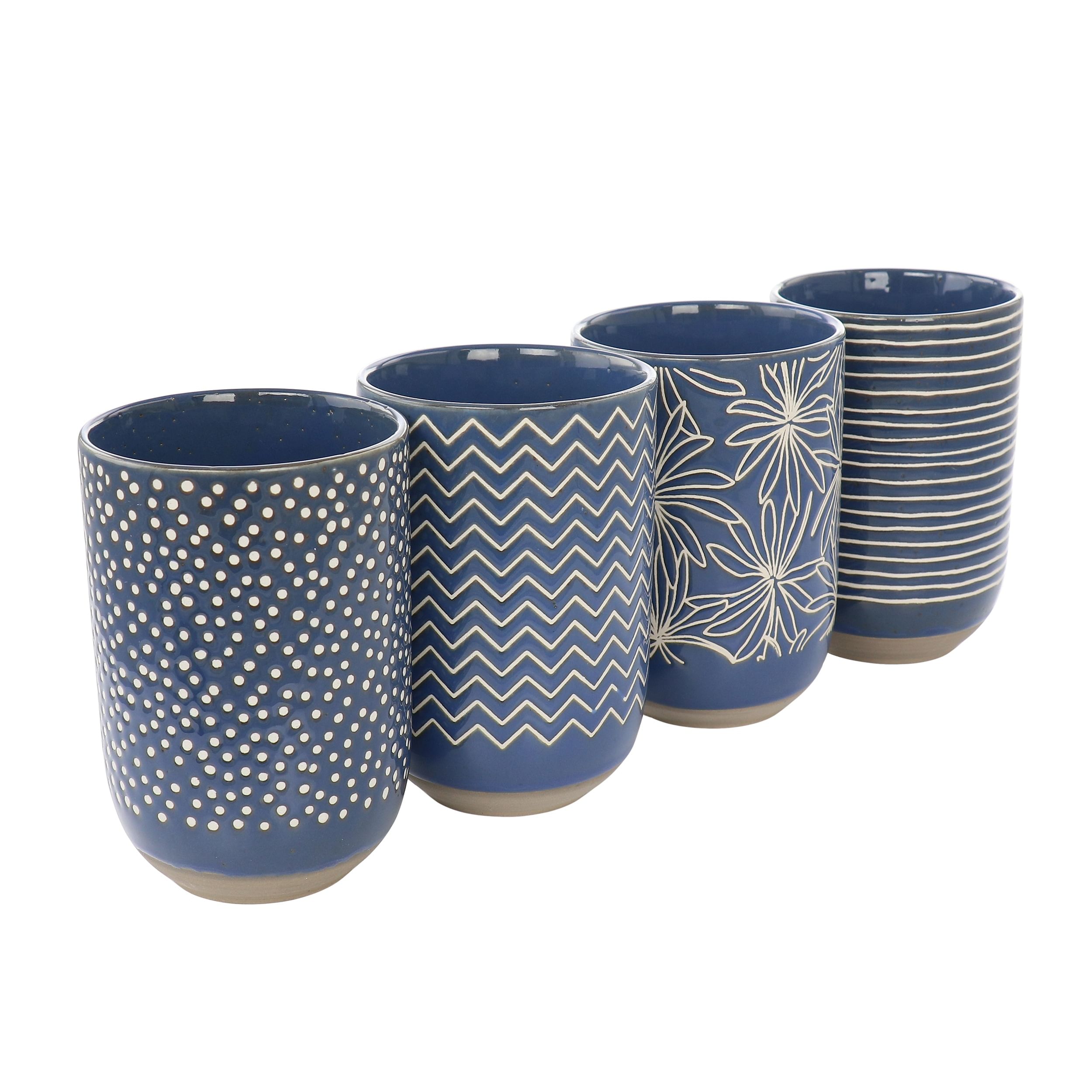 Laurie Gates Madrina 4 Piece 19 Ounce Stoneware Assorted Designs Mug Set in Blue - Free Shipping