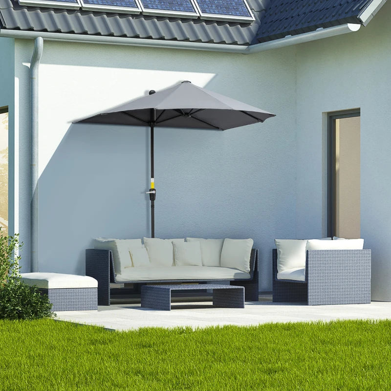 6.6 x 6ft Half Patio Umbrella Outdoor Parasol with Double-Sided Canopy, Crank Handle, Base for Garden, Balcony, Grey