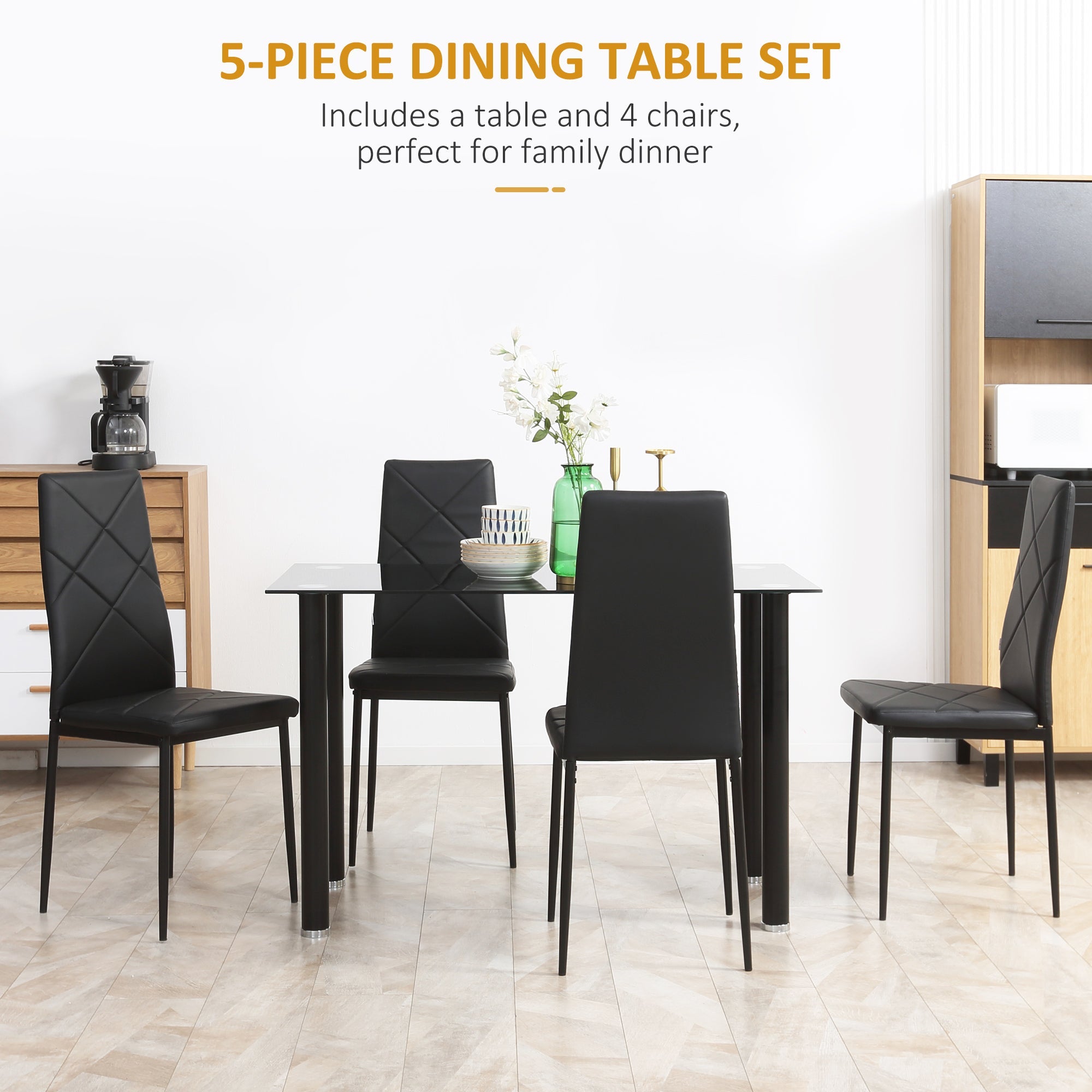 HOMCOM Dining Table and Chairs Set for 4, Modern 5 Pieces Kitchen Table Set with Glass Table, Padded Seat and Steel Frame