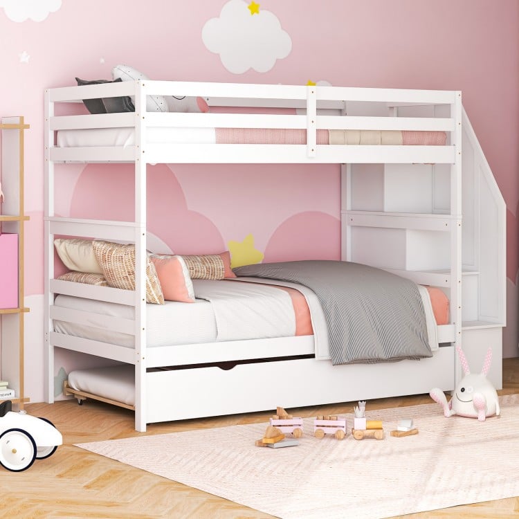 Home Wood Bunk Bed with Guard Rail and 4-step Storage Stairs No Box Spring Needed-White