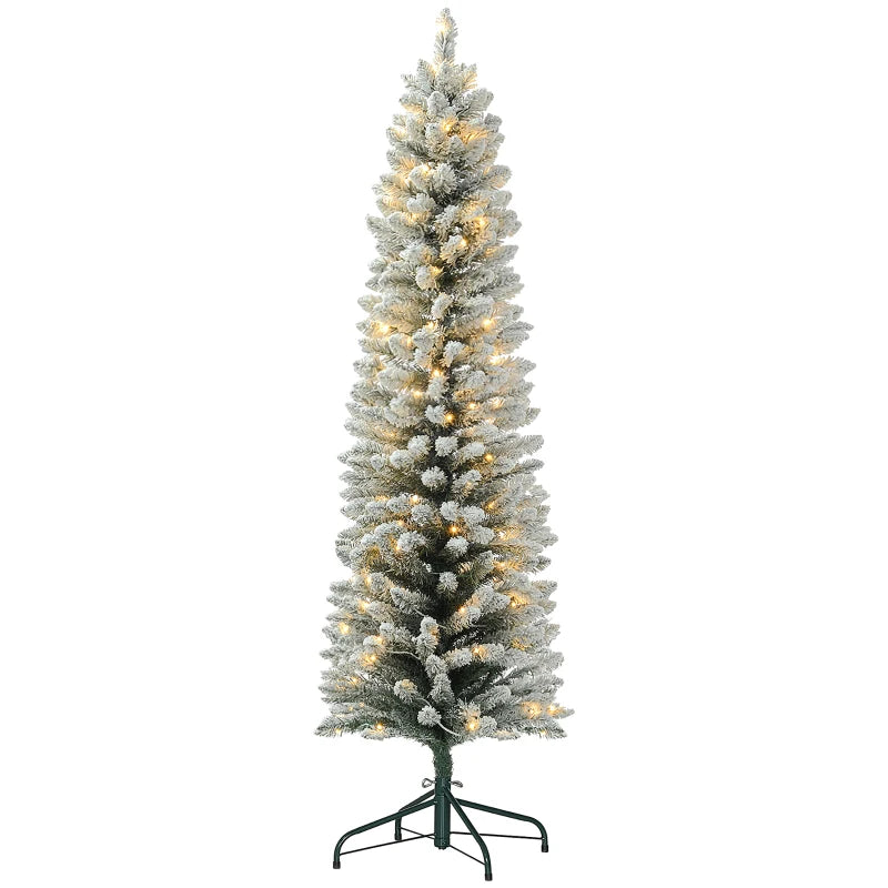 HOMCOM 5FT Prelit Pencil Christmas Tree with Warm White LED Lights, Slim Artificial Snow Flocked Xmas Tree with Metal Base