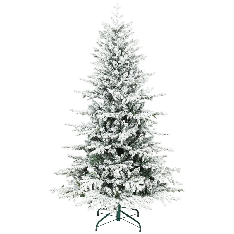HOMCOM 7FT Artificial Flocked Christmas Tree, Full Snow-Covered Pine Xmas Tree with Realistic Tips, Hinged Branches, and Metal Stand