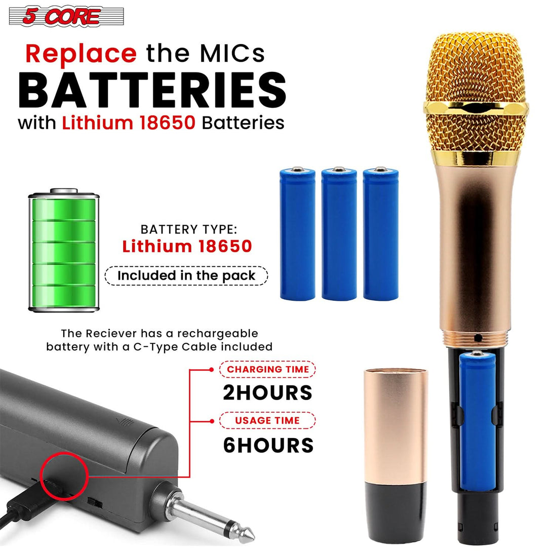 5Core Wireless Microphone Pair UHF Handheld Microfonos Inalambricos Cordless Mic GOLD