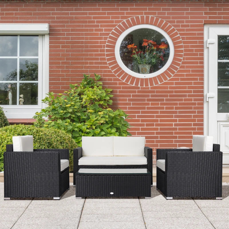 Outsunny 4 Pieces Sectional Patio Furniture Set, Rattan Wicker Patio Chairs Outdoor Coffee Set with Cushions, Cream White