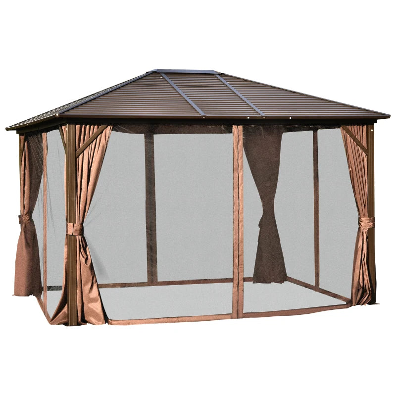 Outsunny 10' x 12' Hardtop Gazebo Steel Covered Gazebo Aluminum Frame Heavy Duty Outdoor Pavilion with Curtains and Netting, Brown