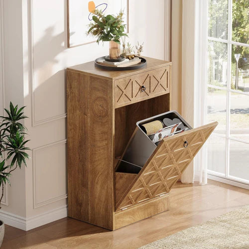 13 Gallons Tilt-Out Trash Can Cabinet with Drawer Wooden Hidden Garbage Bin Organizer for Kitchen Laundry Room Brown