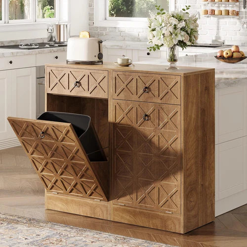 13 Gallons Tilt-Out Trash Can Cabinet with Drawer Wooden Hidden Garbage Bin Organizer for Kitchen Laundry Room Brown