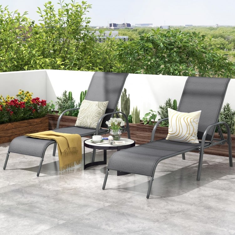 2 Pieces Outdoor Patio Lounge Chair Chaise Fabric with Adjustable Reclining Armrest-Dark Gray