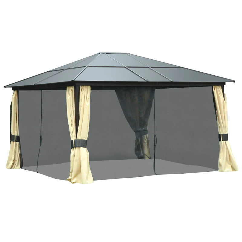 Outsunny 12' x 14' Deluxe Hard Top Patio Gazebo Canopy Garden Aluminum Shelter with Curtains and Mosquito Netting