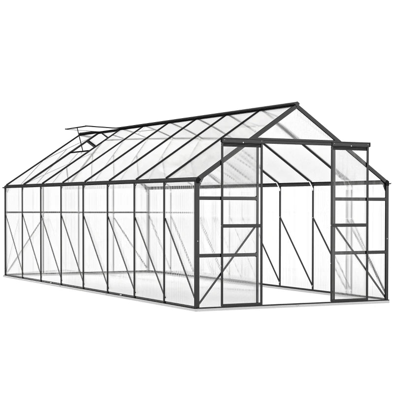 Aluminum Greenhouse Polycarbonate Walk-in Garden Greenhouse Kit with Rain Gutter and Sliding Door, 16' x 8', Dark Grey