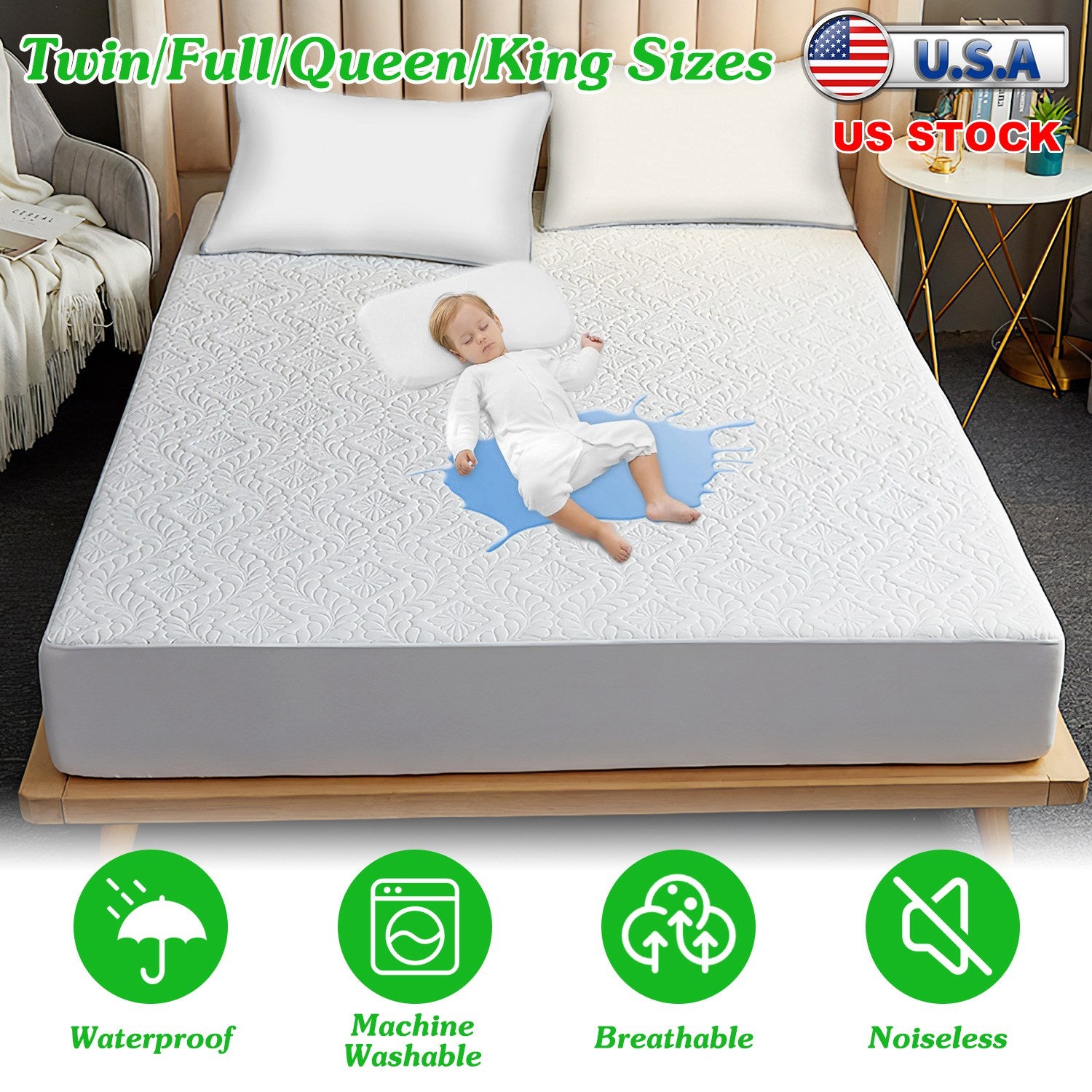 Full Size Waterproof Mattress Protector Breathable Soft Cotton Mattress Pad Cover With Elastic Deep Pocket Up To 11in Noiseless Machine Washable Beddi