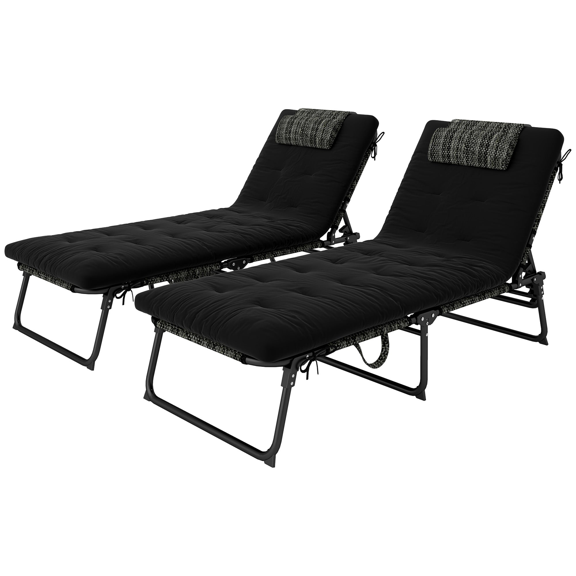 Outsunny 2-Piece Folding Lounge Chairs with Adjustable Backrest, Tanning Chair with Cushion, Side Pocket, Headrest, Black