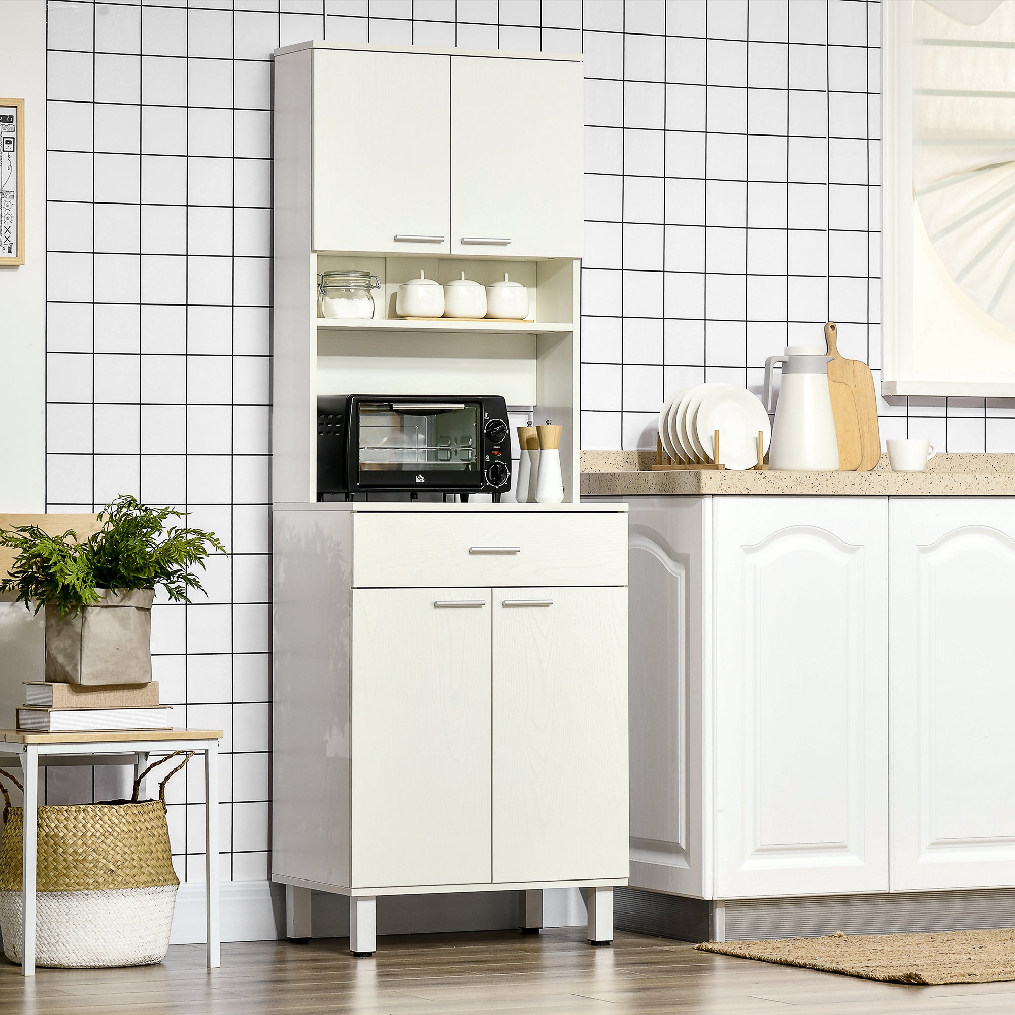 HOMCOM White 71"H Kitchen Pantry Cabinet: Freestanding Cupboard with Microwave Stand and Storage Cabinet for Dining Room, Living Room
