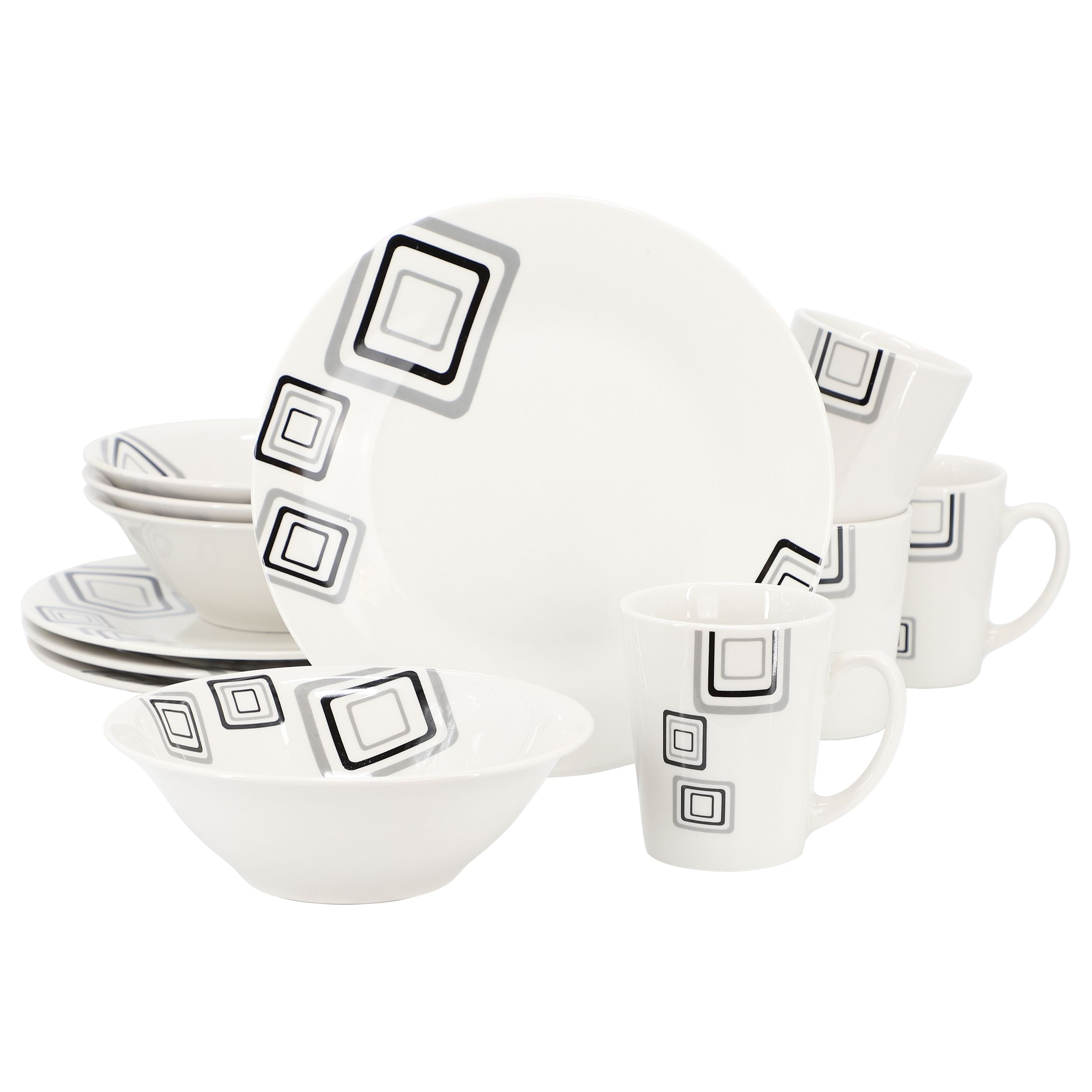 Gibson Home Black Squares 12 Piece Round Fine Ceramic Dinnerware Set in White - Free Shipping